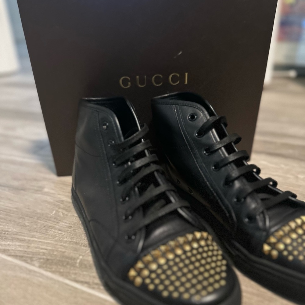 Gucci Black and Gold Studded High-Top Sneakers - Picture 2 of 9